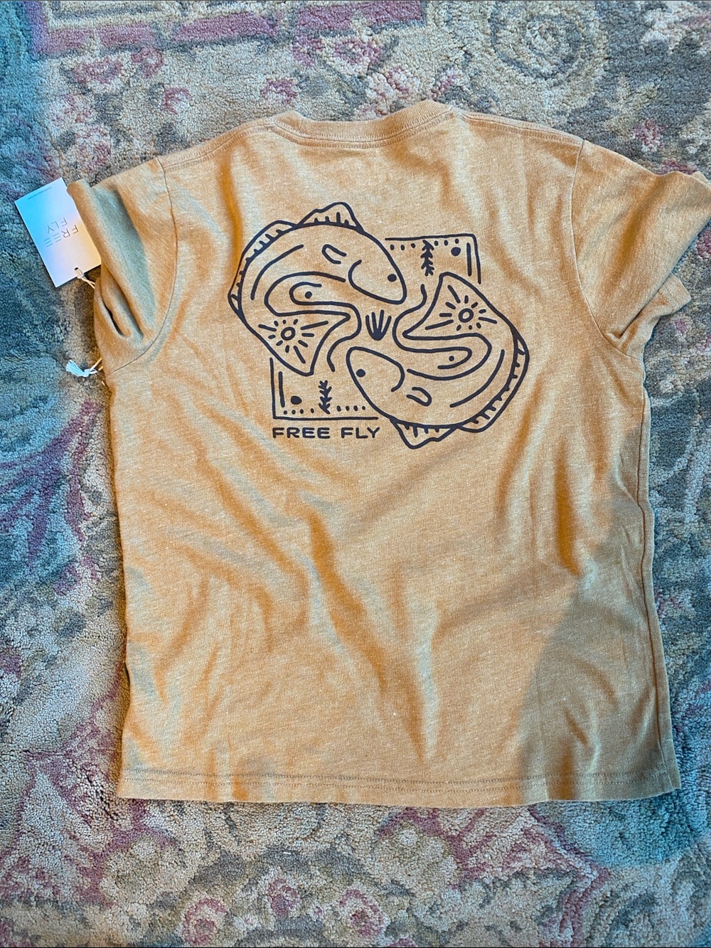 Free Fly Apparel Tan Short-Sleeve Tee with Navy Fish Graphic